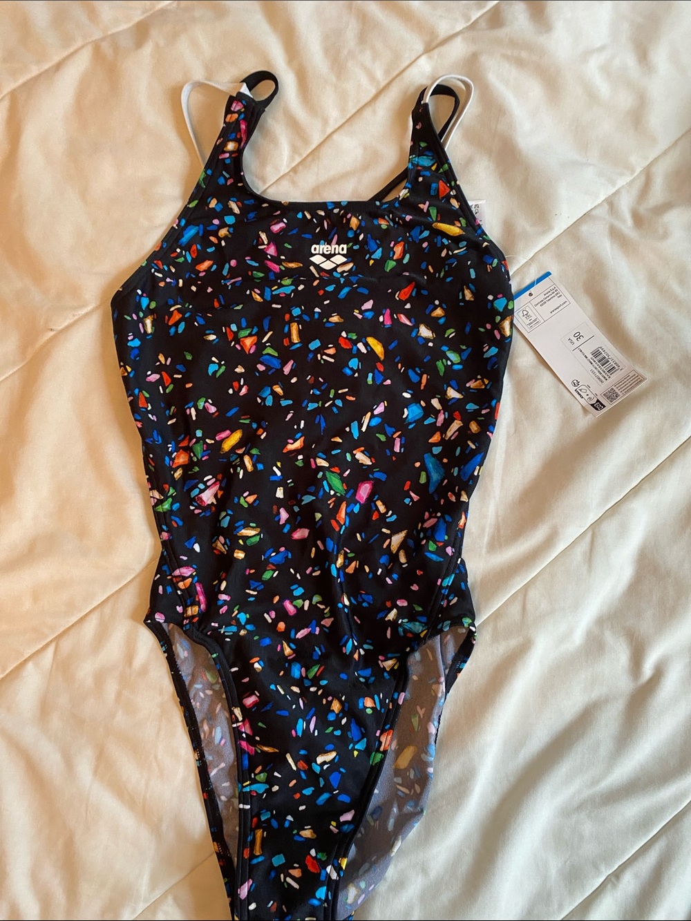 Arena Women's Black One-Piece Swimsuit with Multicolor Confetti Print NWT